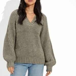 American Eagle Chunky Knit V-Neck‎ Sweater Gray Oversized Lounge Fall Size Small